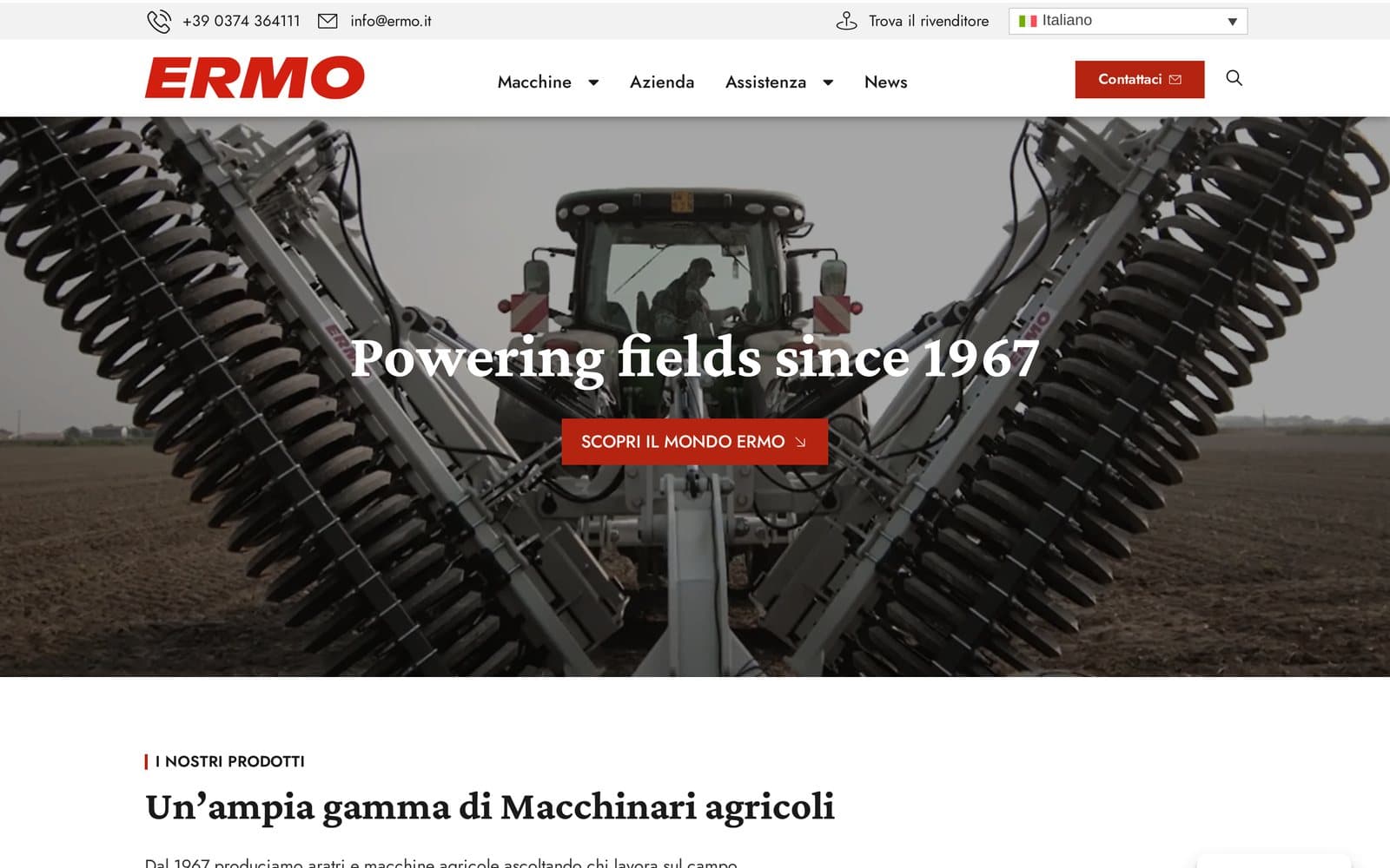 Home page del sito ERMO con il video delle macchine agricole in campo