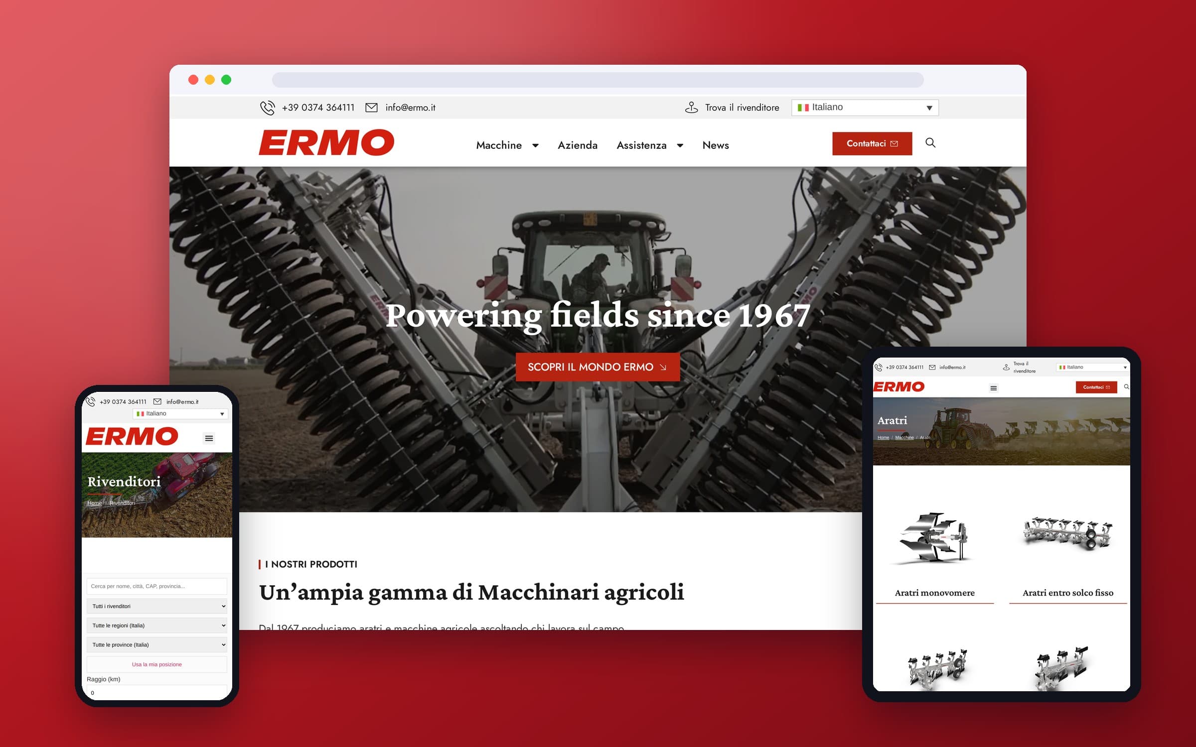 Il sito ERMO su desktop, tablet e smartphone: home, catalogo aratri e ricerca rivenditori