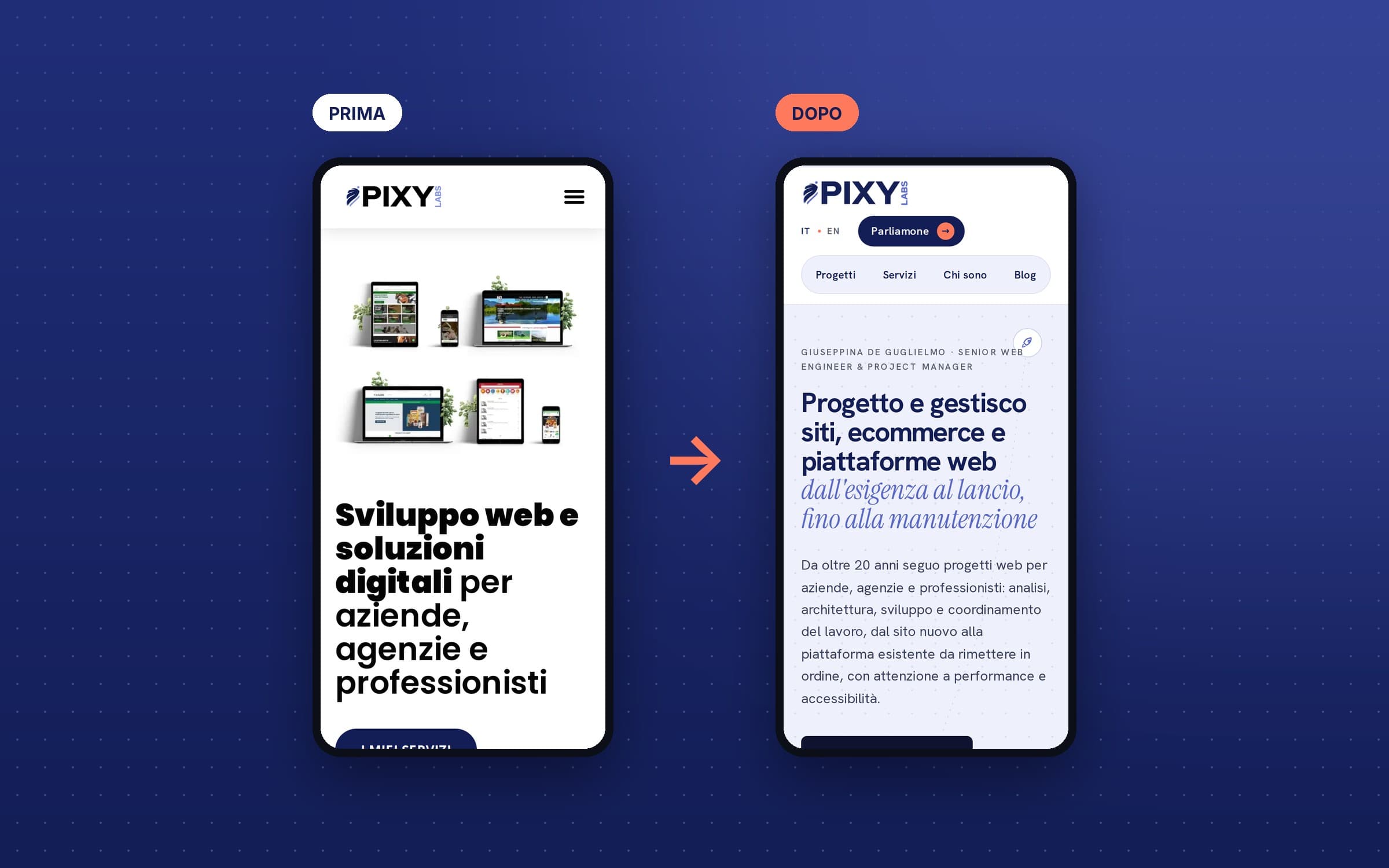 La home di pixylabs.com su smartphone prima e dopo il restyling