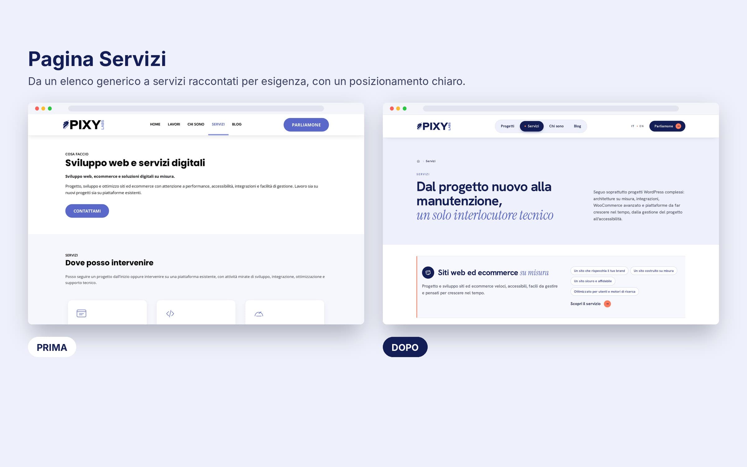 La pagina Servizi di pixylabs.com prima e dopo il restyling